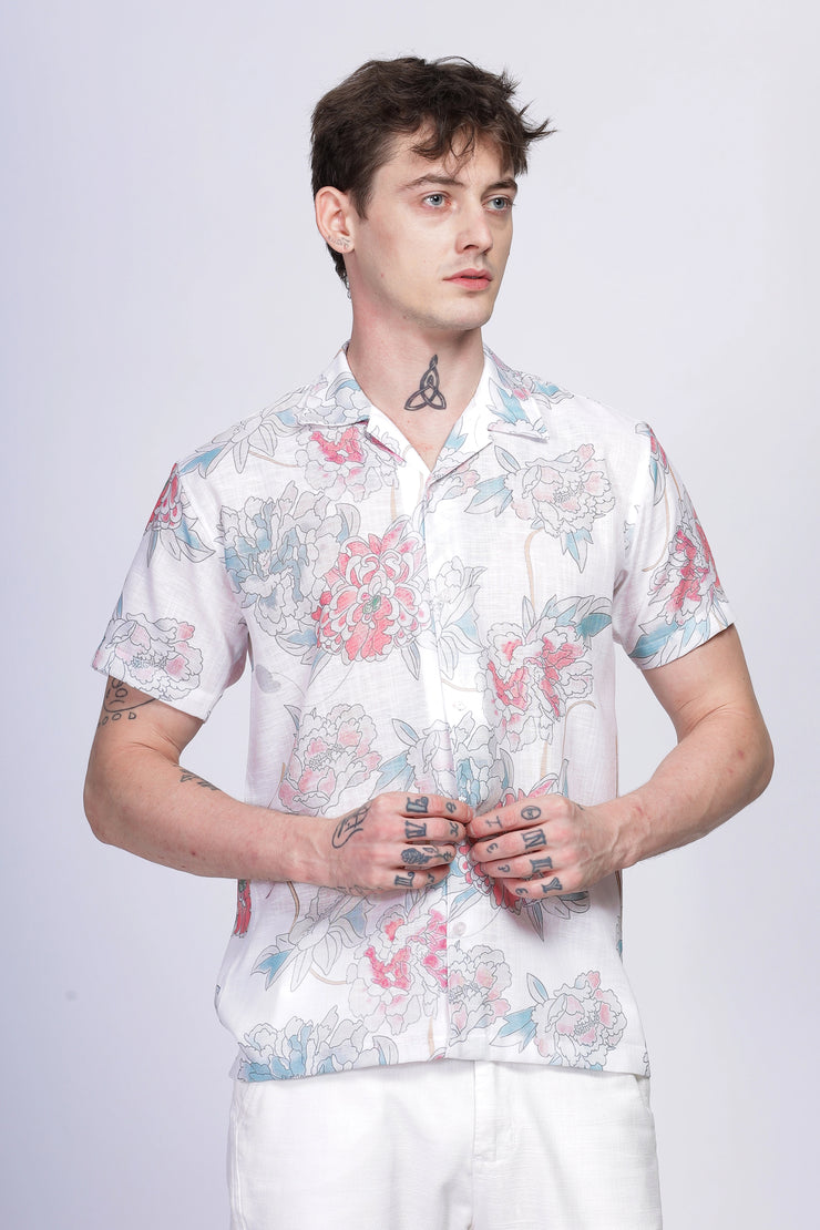 White floral printed linen shirt for men