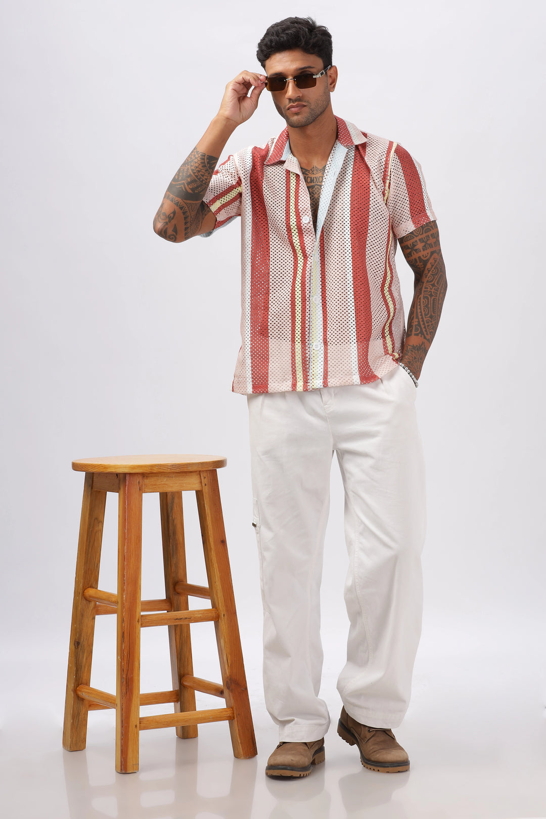 Crochet red stripe printed shirt