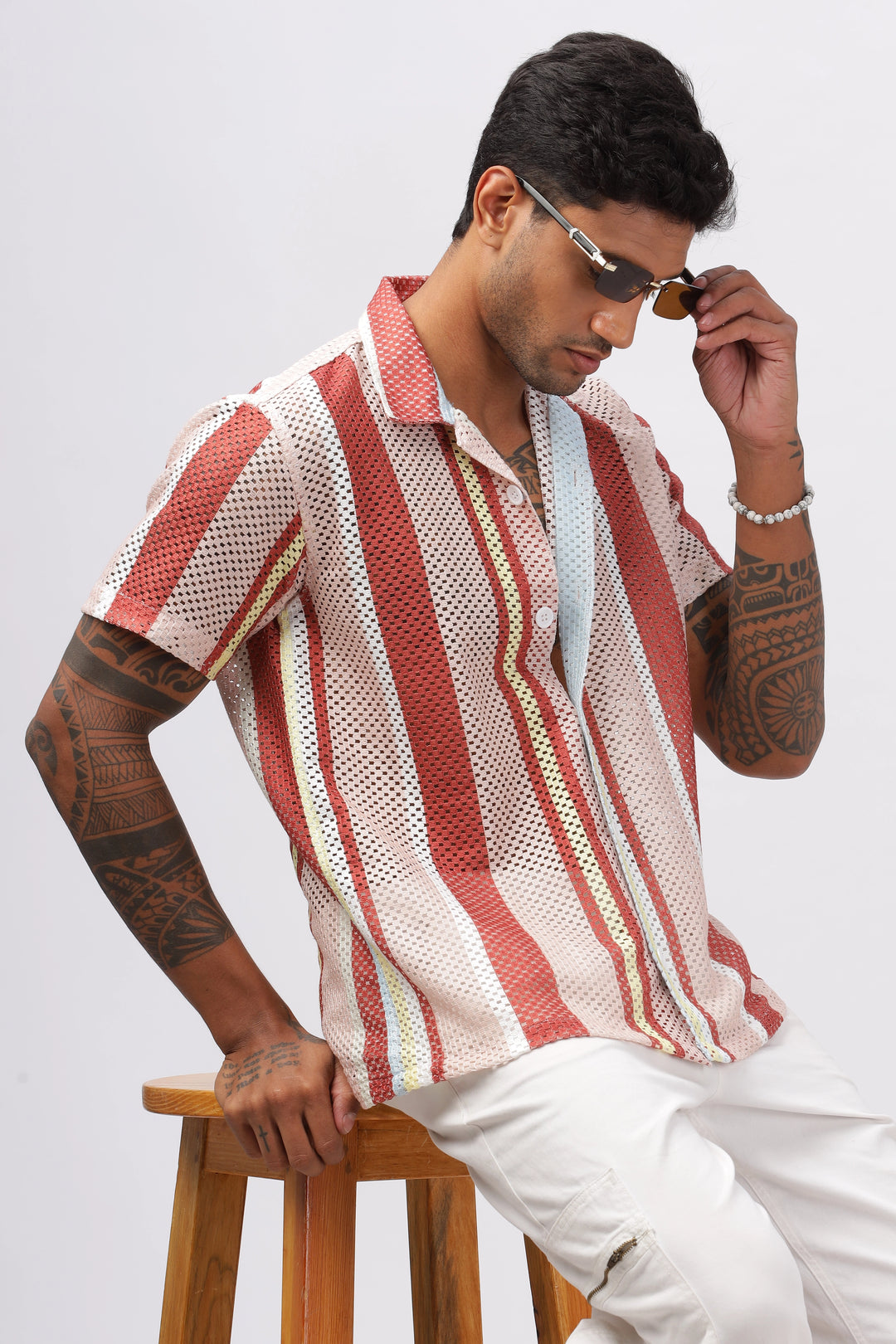 Crochet red stripe printed shirt