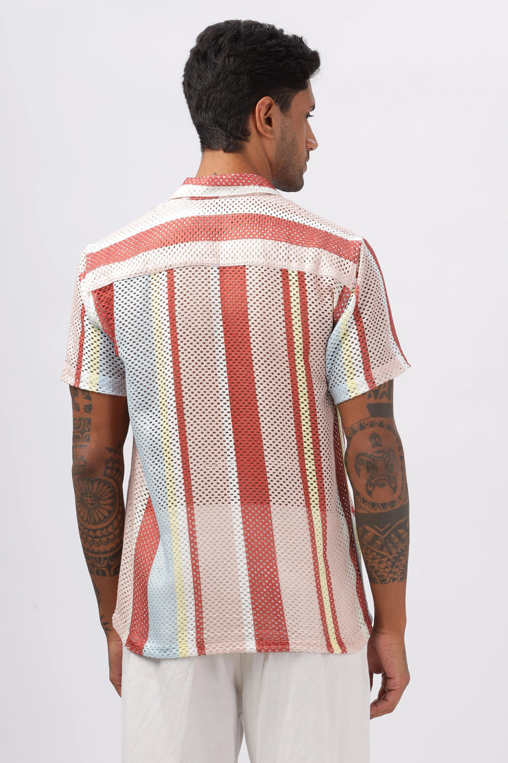 Crochet red stripe printed shirt