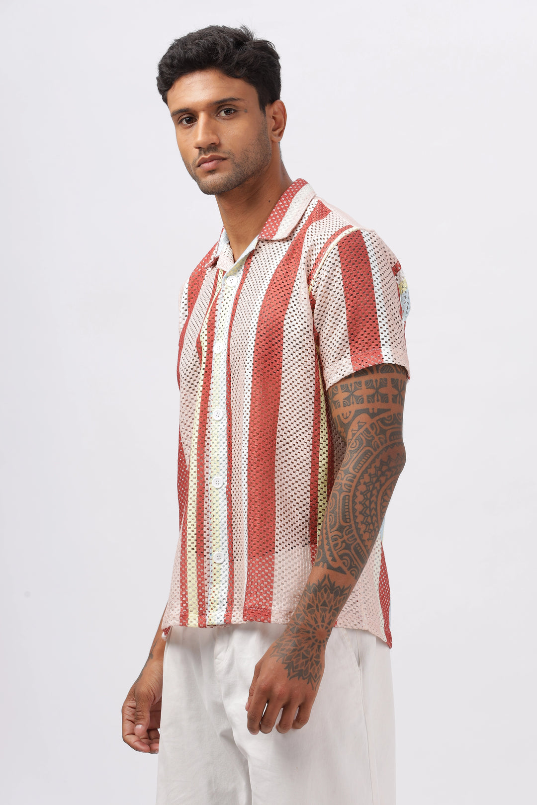 Crochet red stripe printed shirt