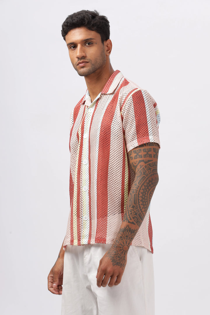 Crochet red stripe printed shirt