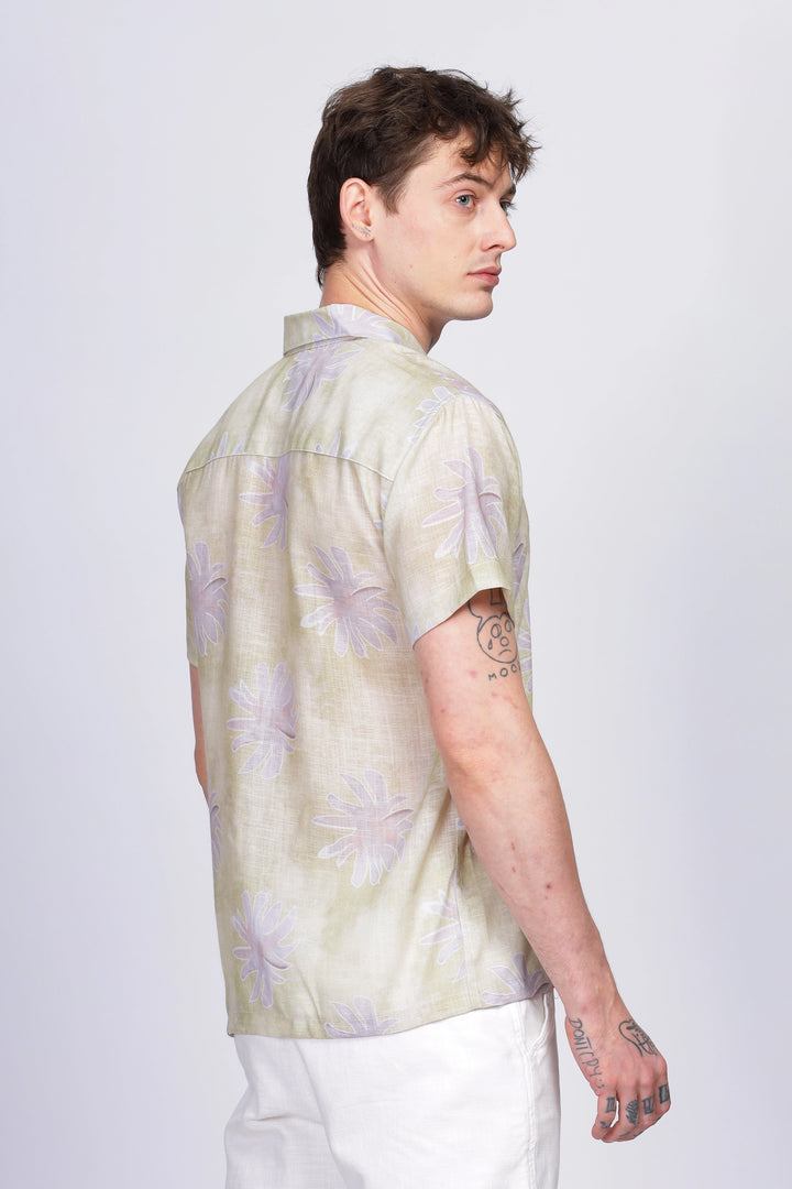 Yellow floral printed linen shirt for men