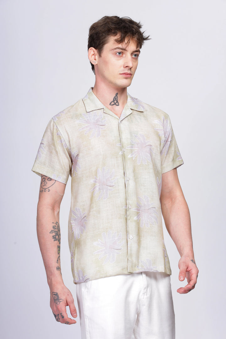 Yellow floral printed linen shirt for men