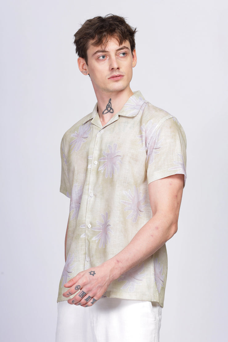 Yellow floral printed linen shirt for men