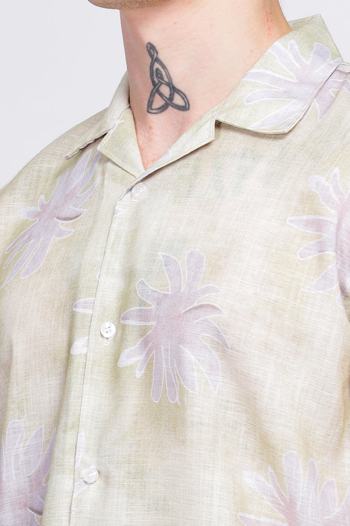 Yellow floral printed linen shirt for men