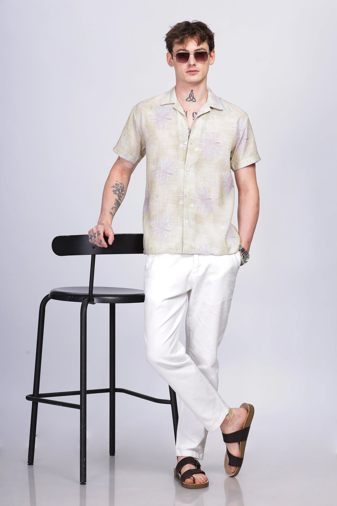 Yellow floral printed linen shirt for men