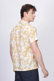 Yellow floral printed linen shirt for men