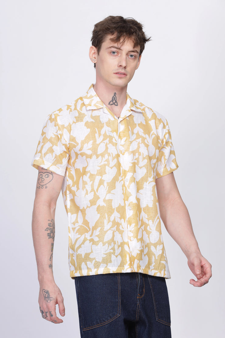 Yellow floral printed linen shirt for men