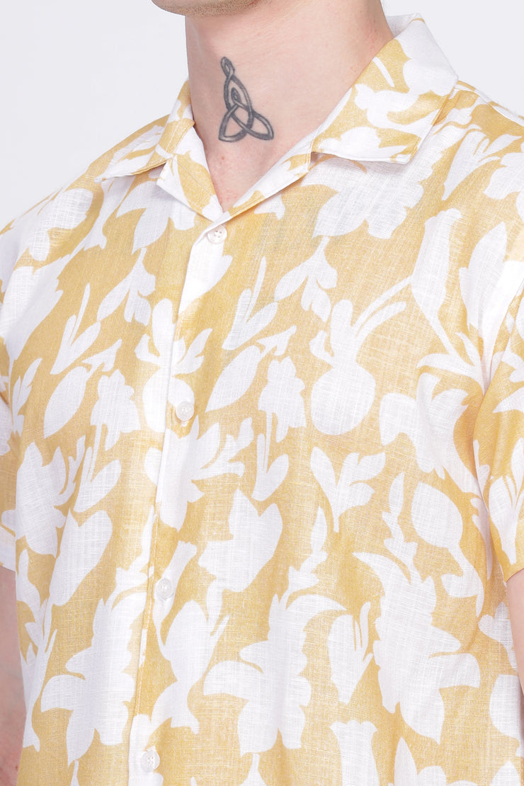 Yellow floral printed linen shirt for men