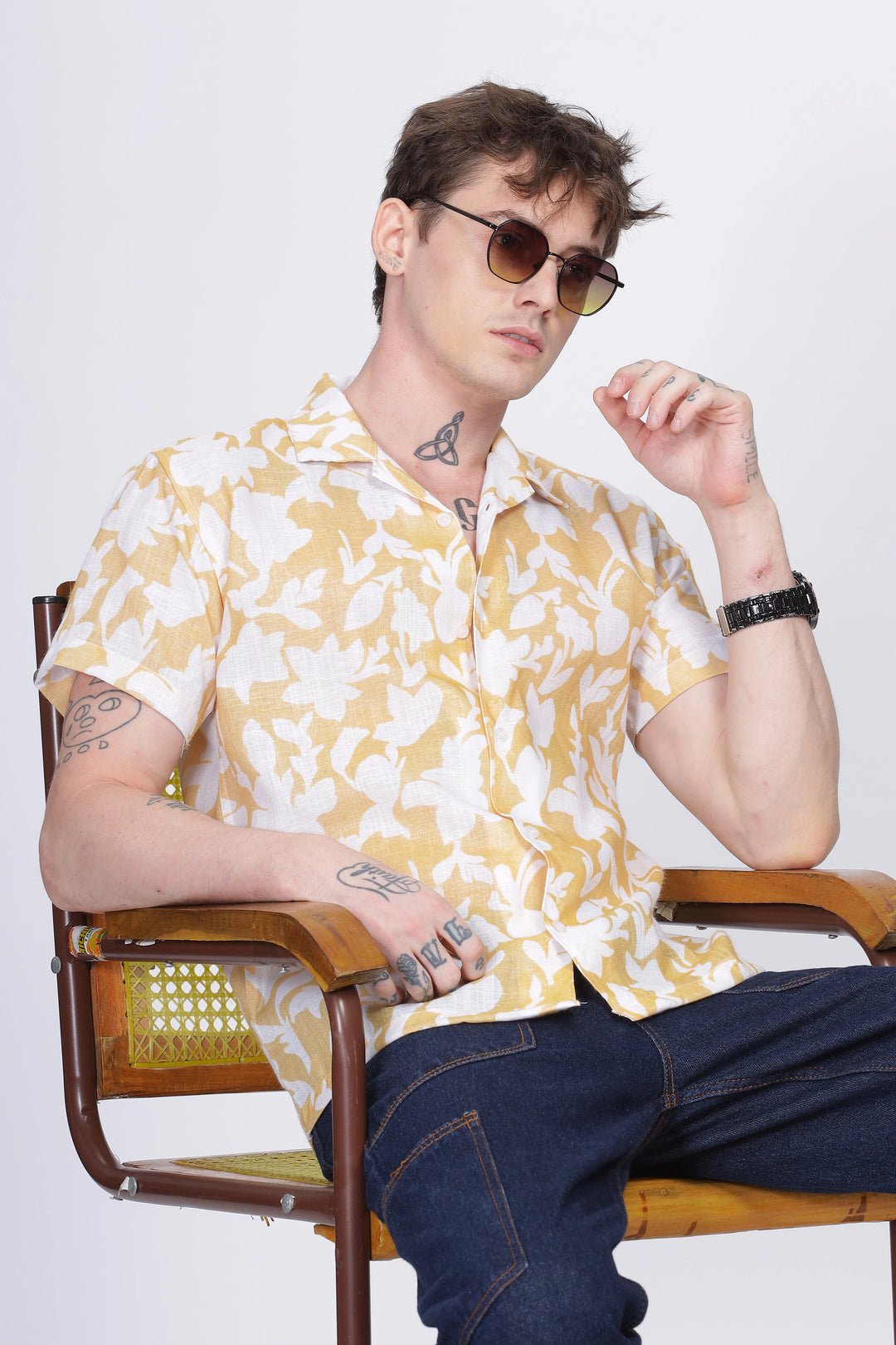 Yellow floral printed linen shirt for men