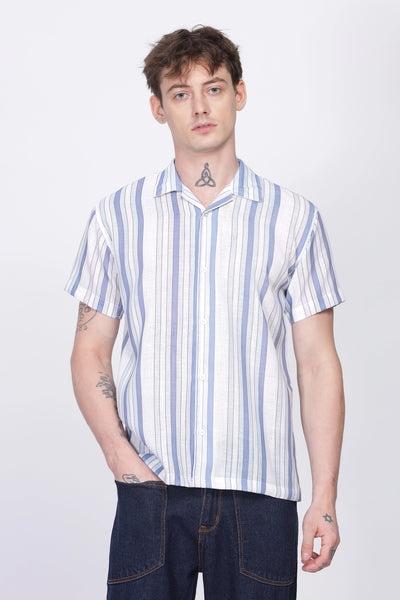 Blue and White stripe printed linen shirt for men
