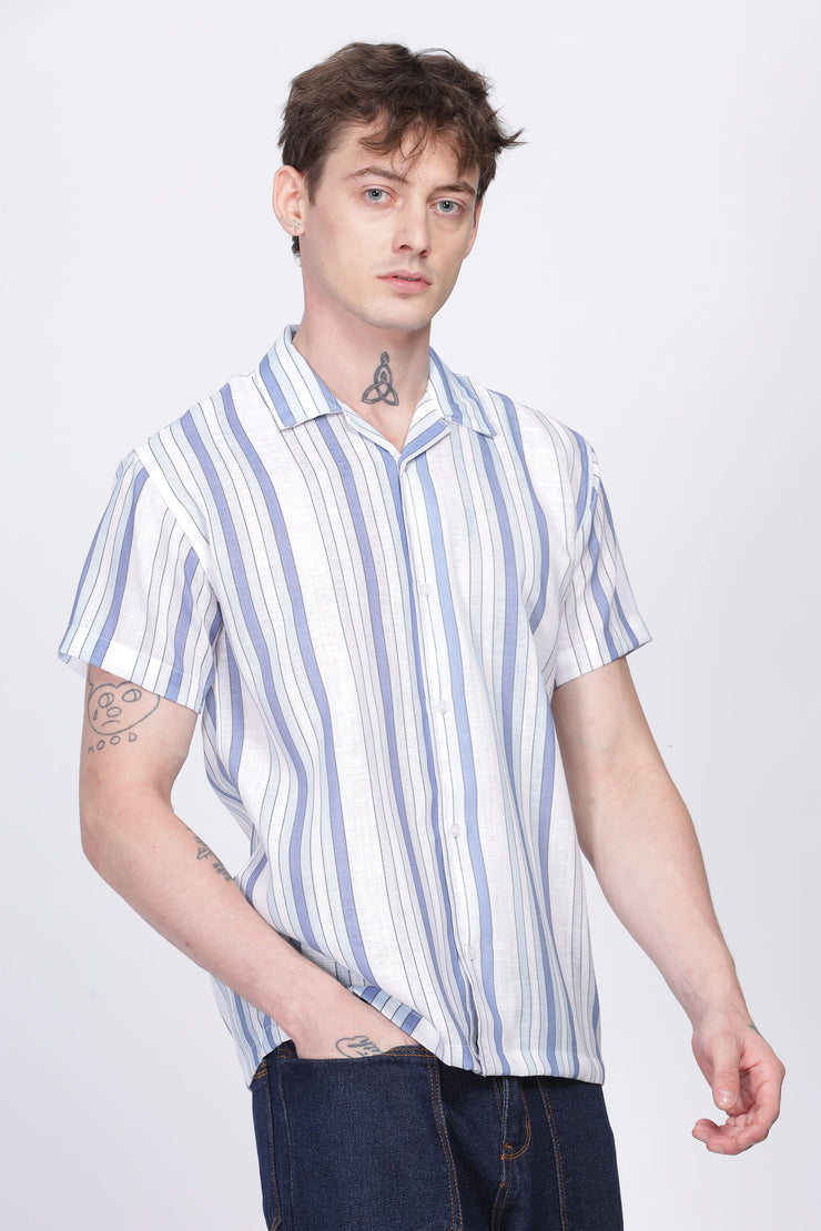 Blue and White stripe printed linen shirt for men