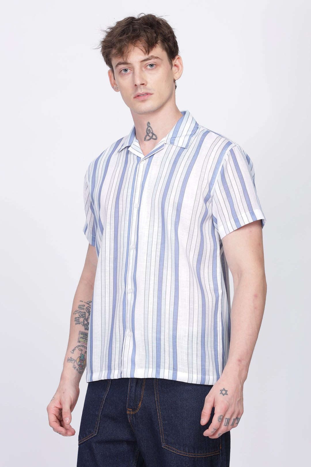 Blue and White stripe printed linen shirt for men