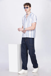 Blue and White stripe printed linen shirt for men