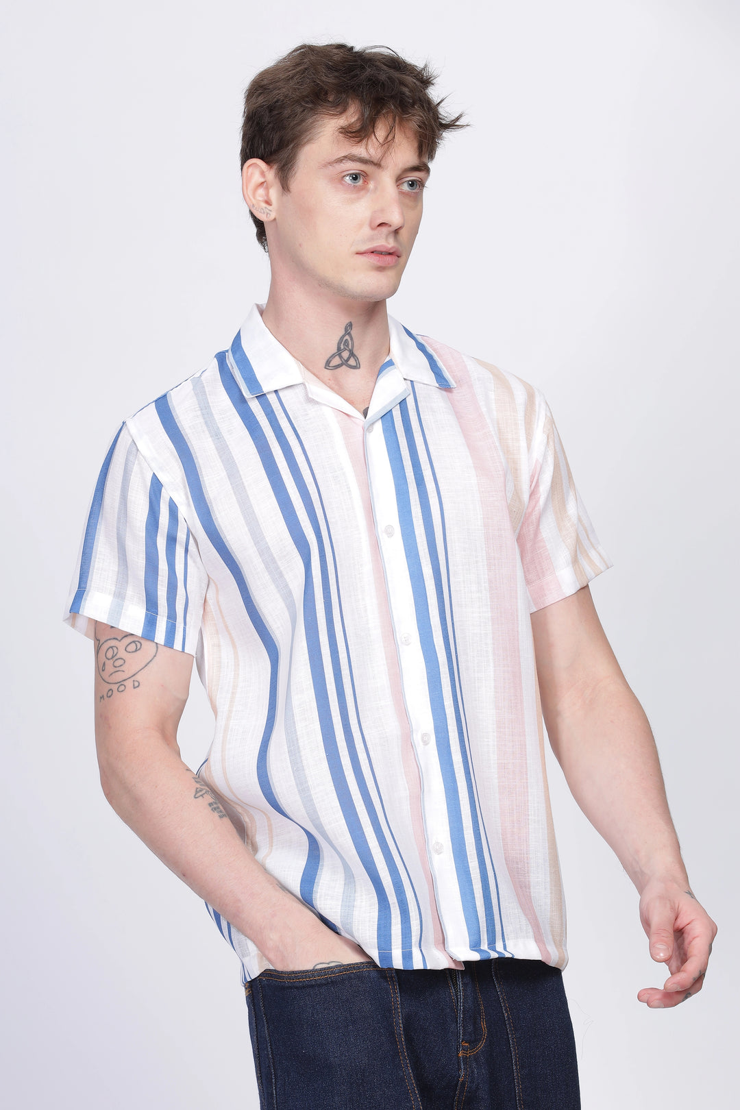 Multicolor stripe printed linen shirt for men