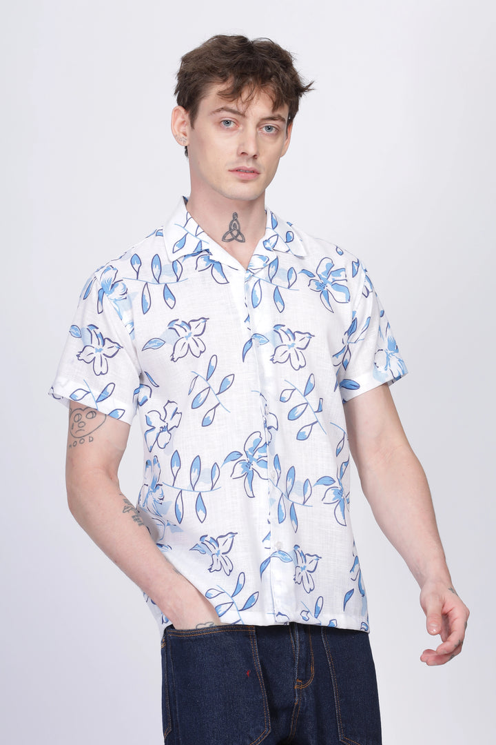 White Flower printed linen shirt for men