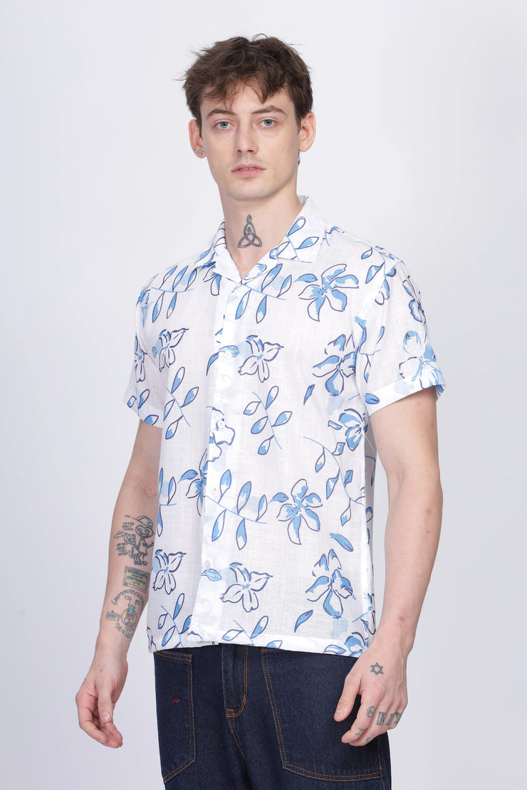 White Flower printed linen shirt for men