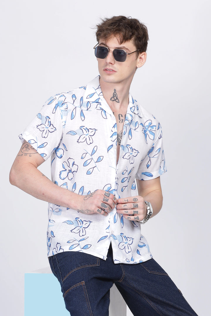 White Flower printed linen shirt for men