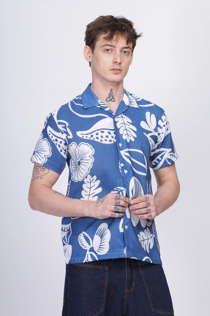 Blue flower print linen shirt for men