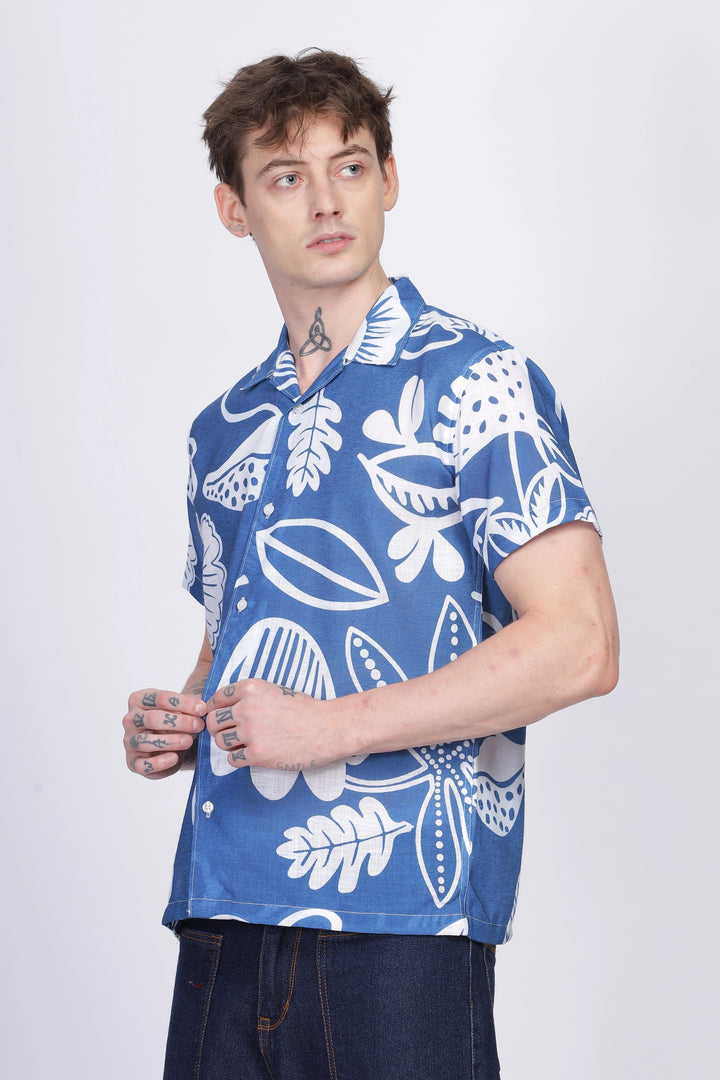 Blue flower print linen shirt for men