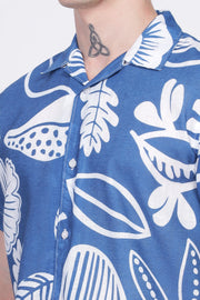 Blue flower print linen shirt for men