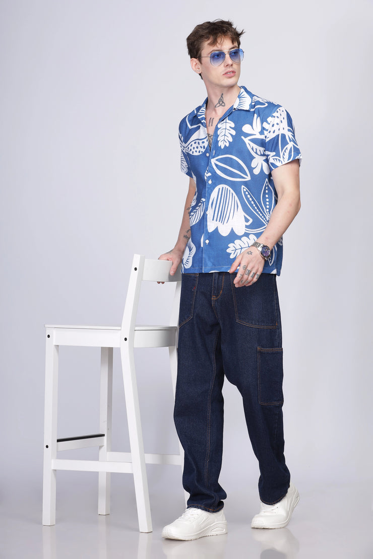 Blue flower print linen shirt for men