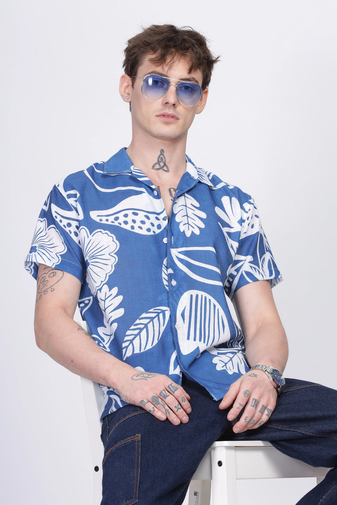 Blue flower print linen shirt for men