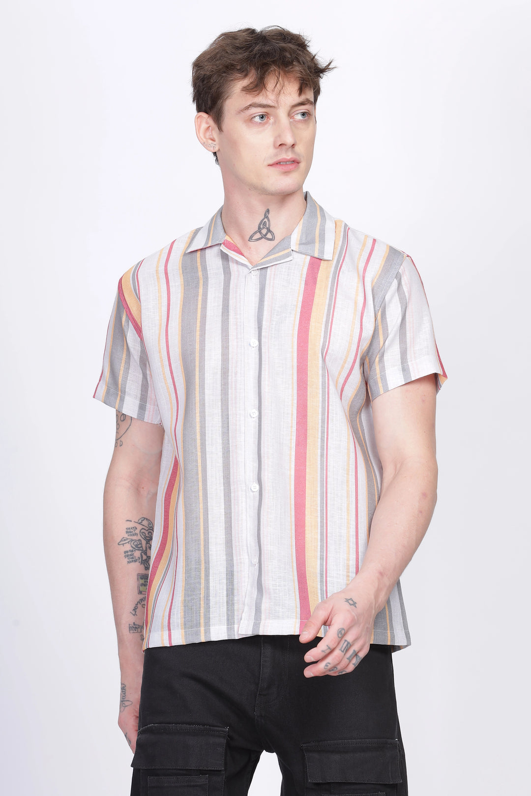 Gray stripe printed linen shirt for men