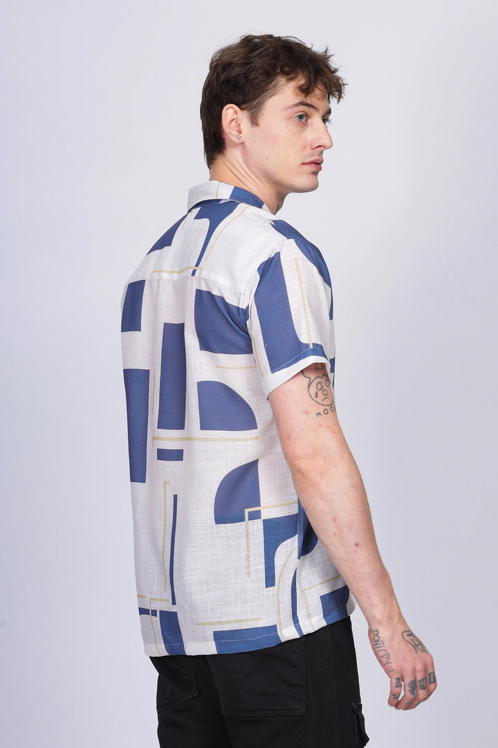 White abstract printed linen shirt for men