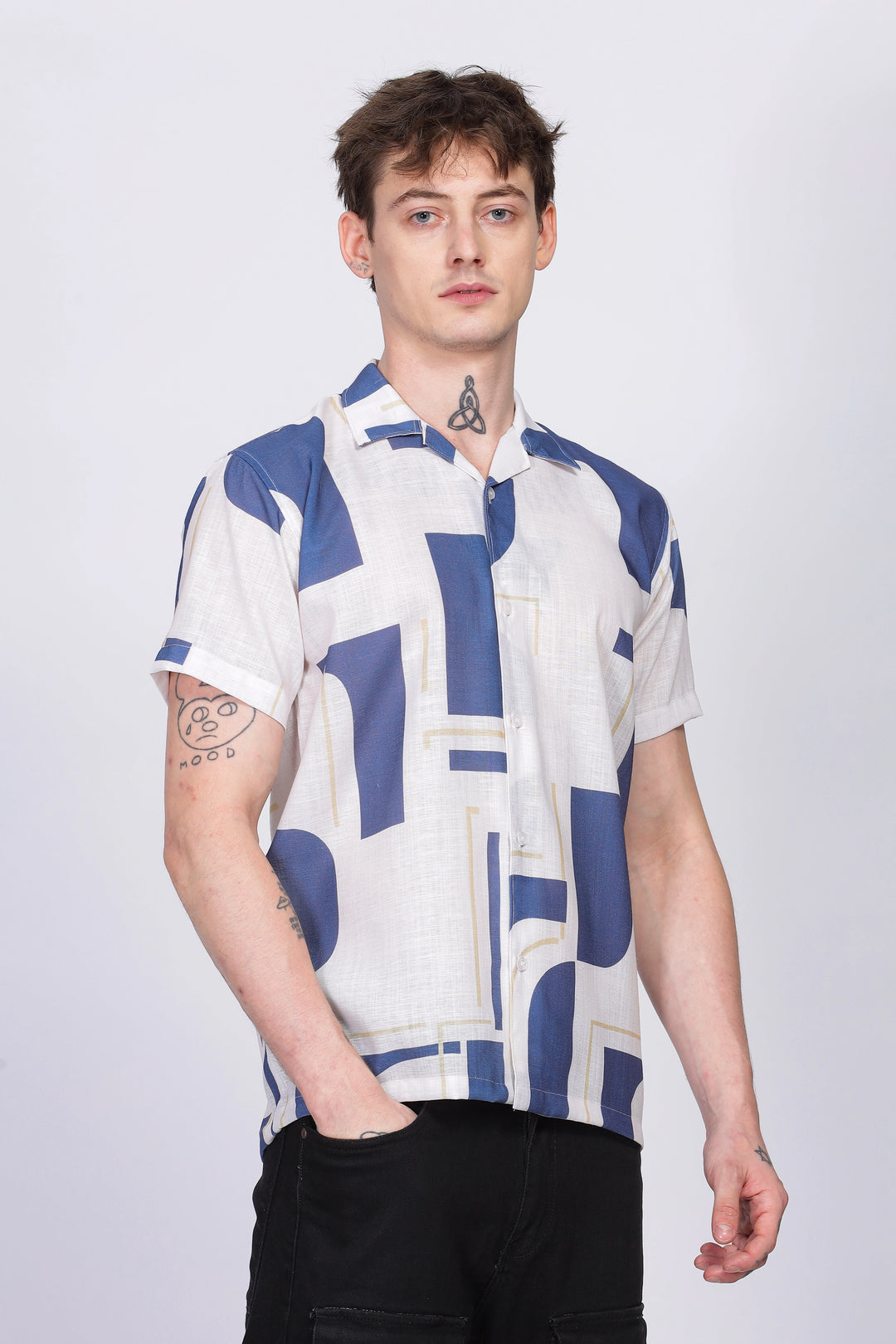 White abstract printed linen shirt for men