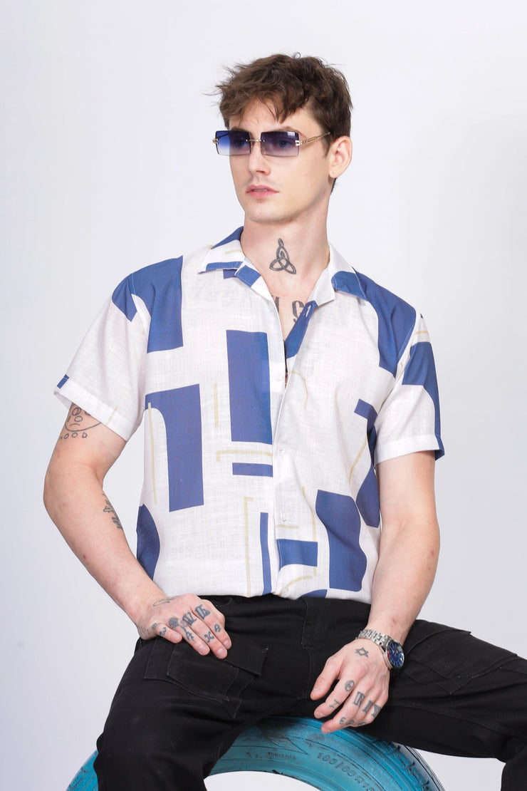 White abstract printed linen shirt for men