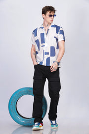 White abstract printed linen shirt for men