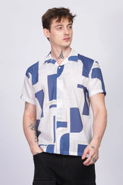 White abstract printed linen shirt for men