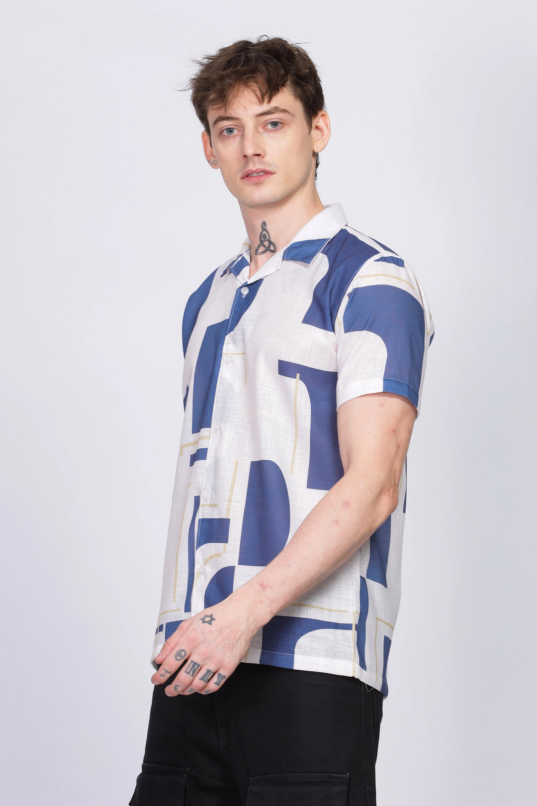 White abstract printed linen shirt for men