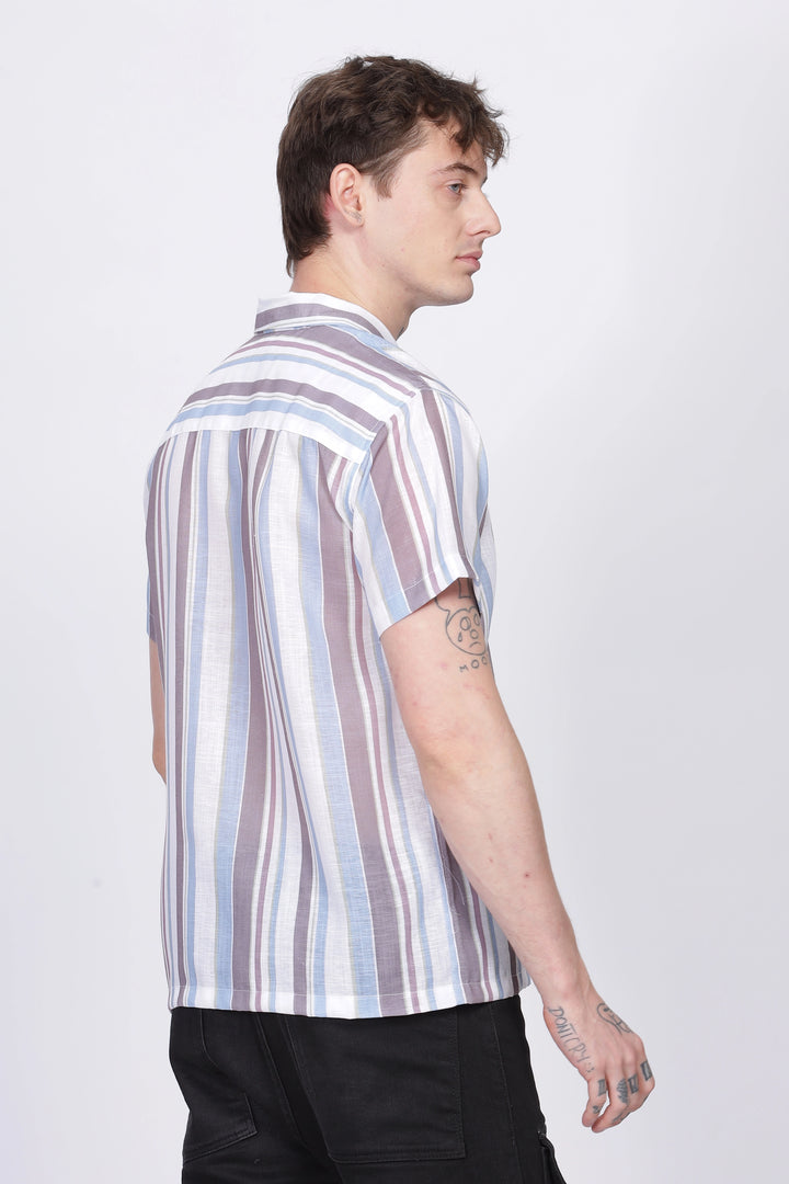 Brown and White stripe printed linen shirt for men