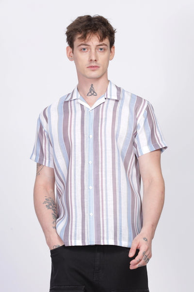 Brown and White stripe printed linen shirt for men