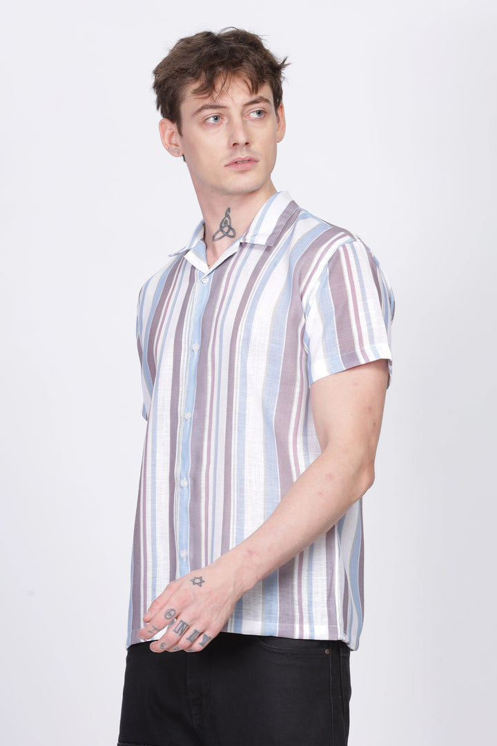 Brown and White stripe printed linen shirt for men