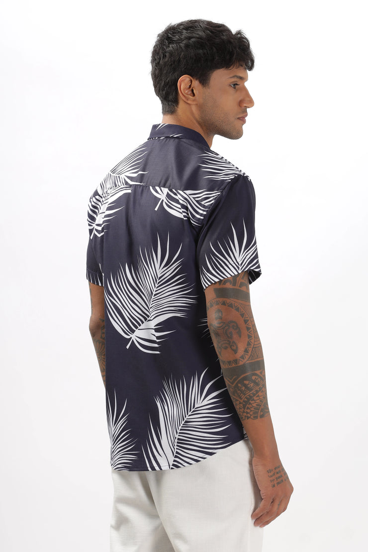 Navy palm leaves printed shirt