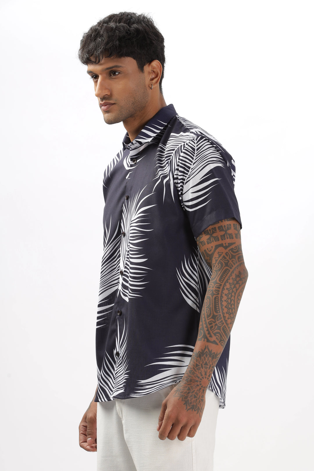 Navy palm leaves printed shirt