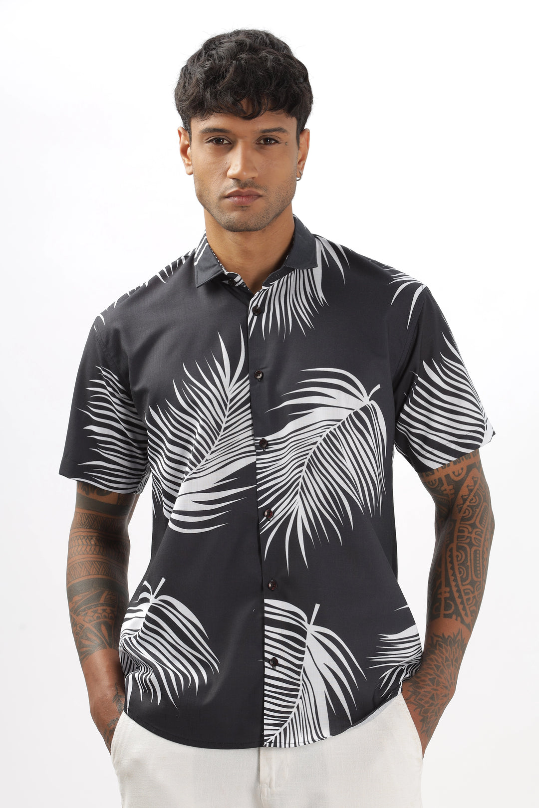 Black palm leaves printed shirt