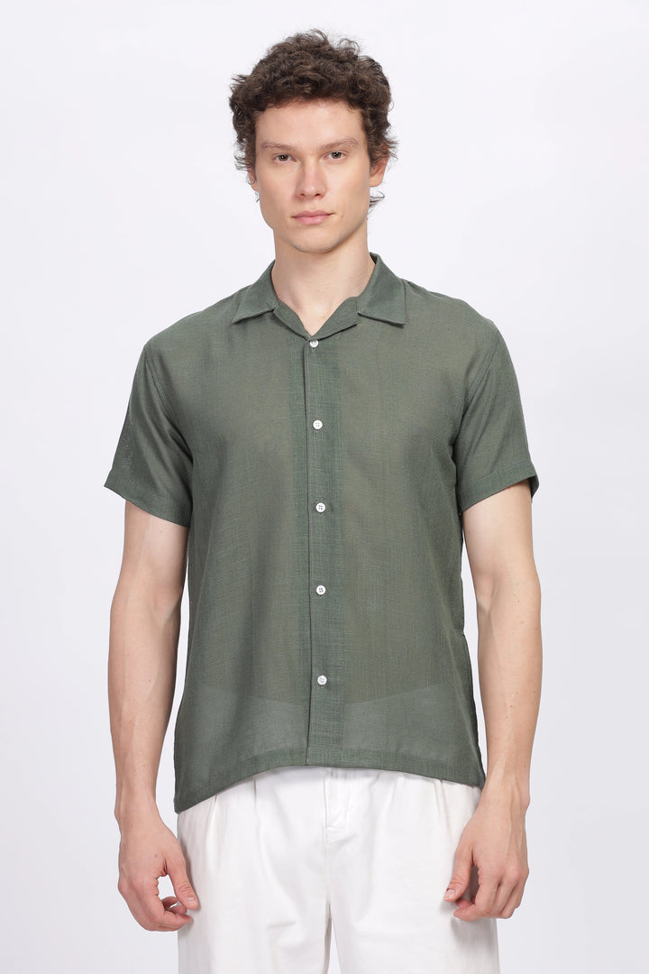 Turtle green half sleeve linen shirt for men