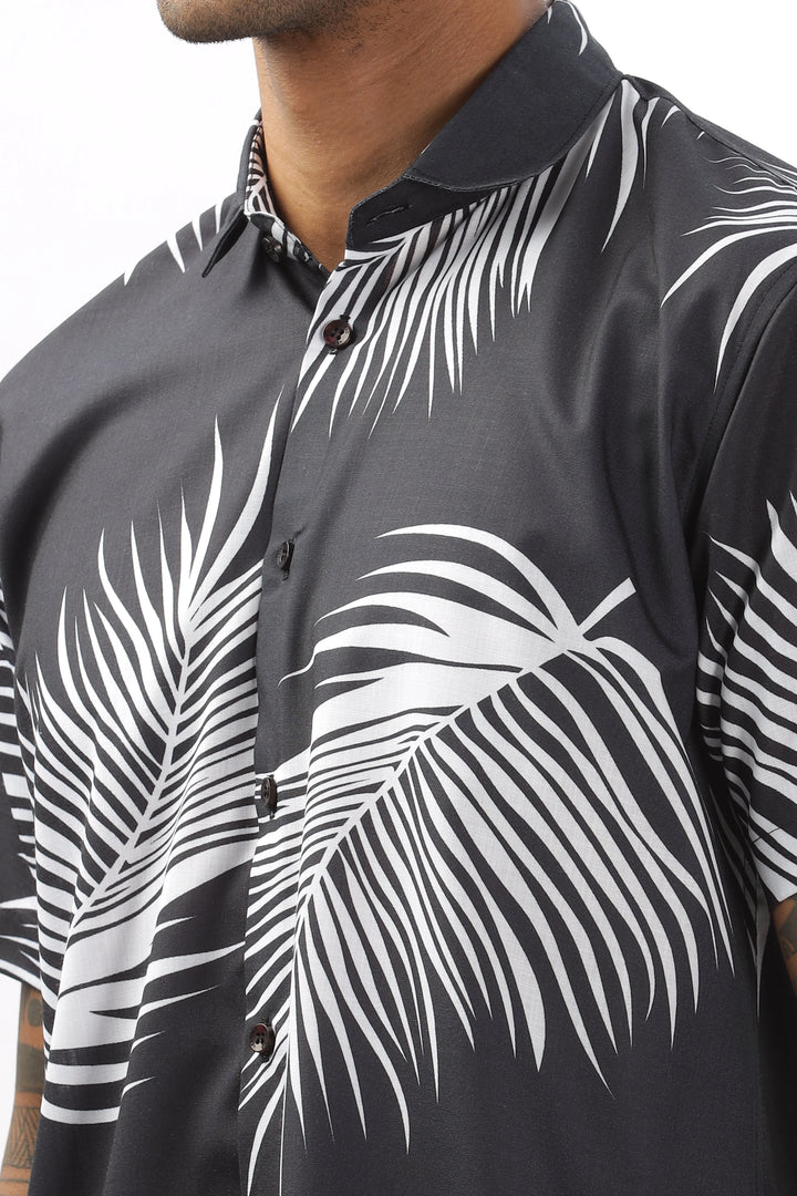 Black palm leaves printed shirt