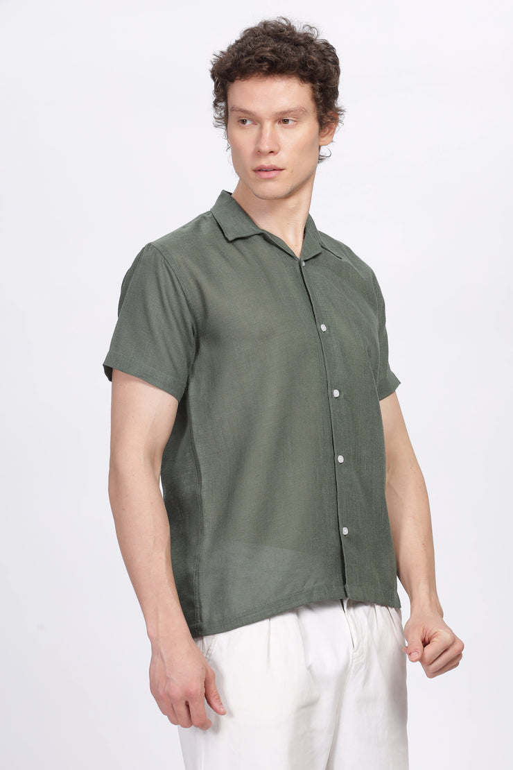 Turtle green half sleeve linen shirt for men