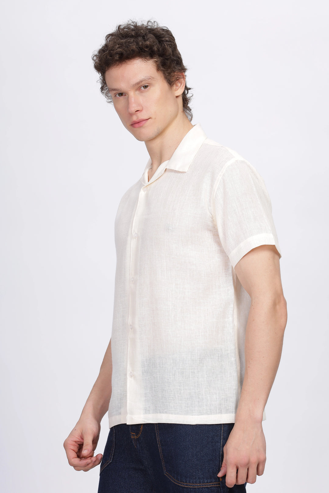 Cream half sleeve linen shirt for men