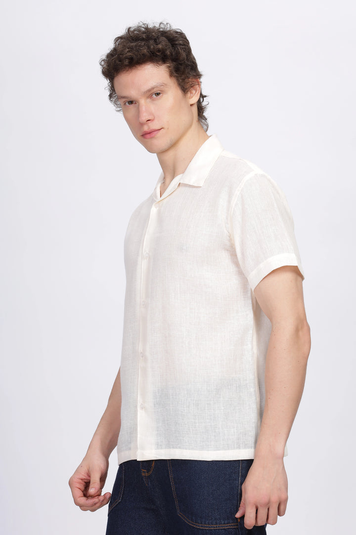 Cream half sleeve linen shirt for men