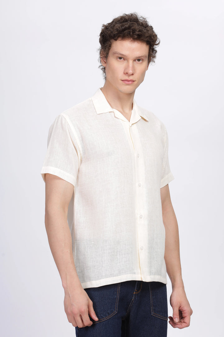 Cream half sleeve linen shirt for men