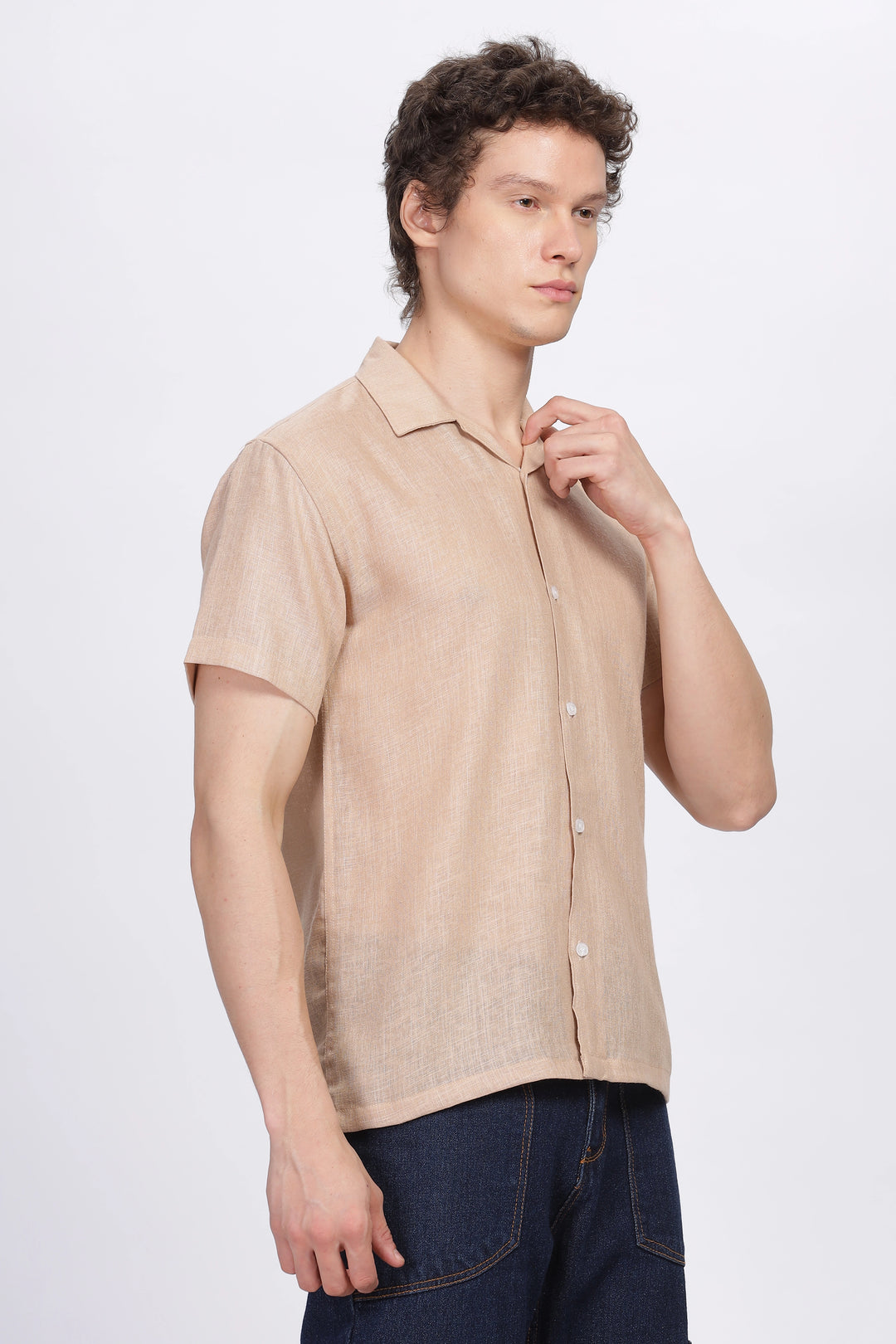 Biege half sleeve linen shirt for men