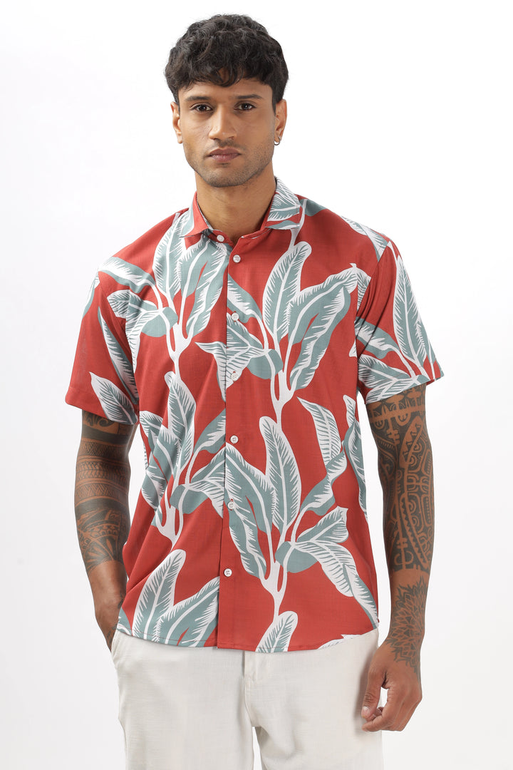 Orange leaves printed shirt online at Vestirio