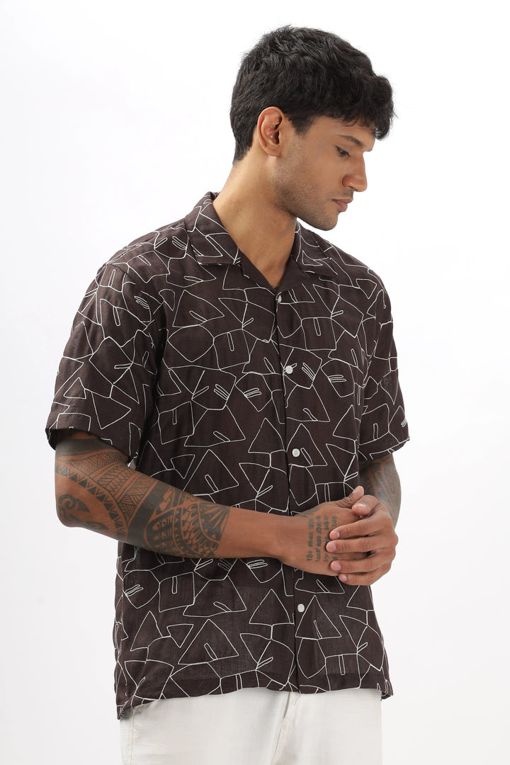 Brown abstract linen embroidered half sleeve shirt